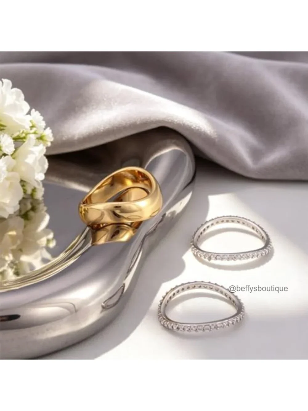 14K Gold Plated Stackable Wavy Ring Set with Cubic Zirconia, Mixed Metals,
